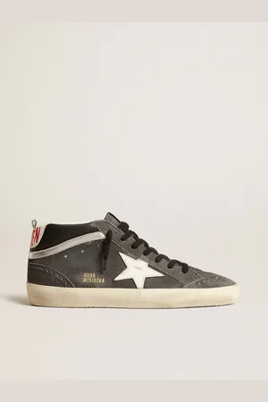 Golden Goose Mid Star In Suede Nero Con Stella In Pelle Bianca E Virgola Argento
