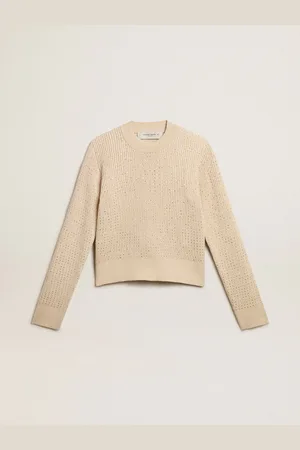 Golden Goose Maglione Cropped Girocollo In Lana Color Beige E Cristalli All Over