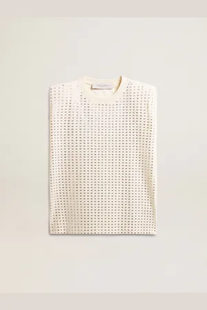 Golden Goose T-shirt Di Colore Bianco Vissuto Senza Maniche Impreziosita Da Cristalli