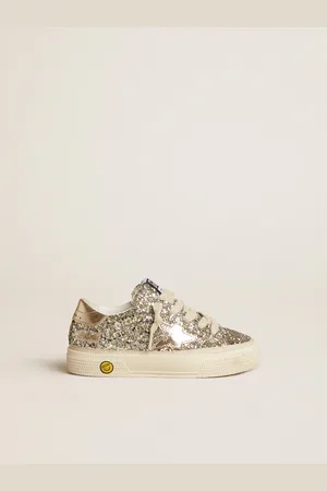 Golden Goose May Junior In Glitter Platino Con Stella E Talloncino In Pelle Laminata
