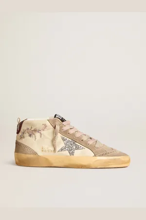 Golden Goose Mid Star Donna In Nappa Con Ricamo Floreale E Stella In Glitter Argento