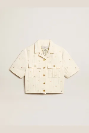 Golden Goose Giacca Color Bianco Vissuto In Cotone Gessato Con Ricamo A Fiori All Over