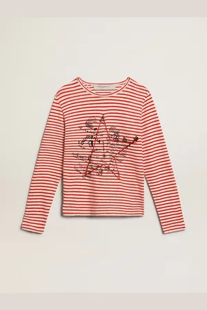 Golden Goose T-shirt Da Donna Con Righe Bianche E Rosse E Ricamo Sul Davanti