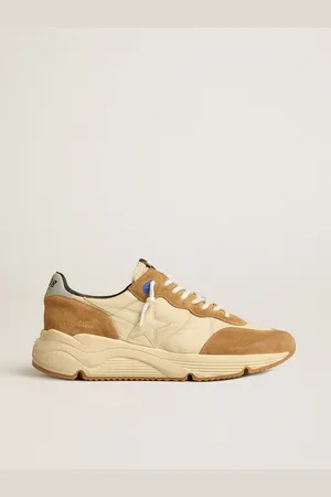 Golden Goose Running Sole Uomo In Nylon Avorio E Suede Tabacco Con Stella In Pelle Avorio