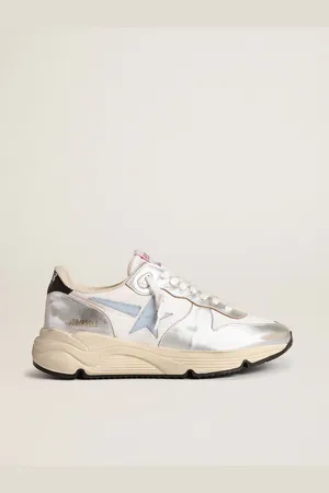 Golden Goose Running Sole In Nylon E Pelle Laminata Argento Con Stella Azzurra