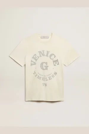 Golden Goose T-shirt Da Uomo In Cotone Color Bianco Vissuto E Scritta Sbiadita