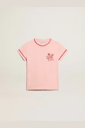 Golden Goose Maglietta Rosa Con Profili Rossi E Fiore Ricamato Sul Cuore