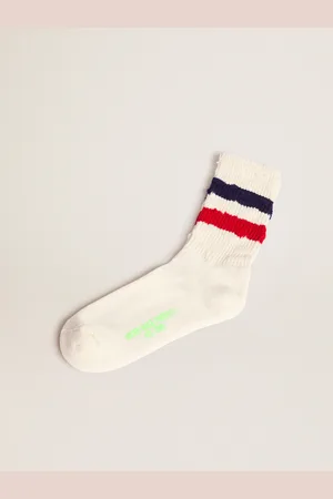 Golden Goose Calzini Bianco Vintage Con Dettagli Distressed E Stripes Bicolor
