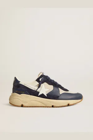 Golden Goose Running Sole In Rete Crema E Pelle Blu Con Stella In Pelle Bianca