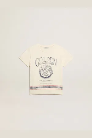 Golden Goose T-shirt In Cotone Bianco Vissuto Con Stampa Sbiadita Al Centro