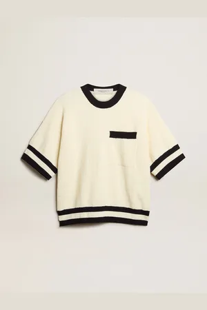 Golden Goose Maglia A Maniche Corte Da Donna Di Colore Bianco Antico Con Costine Blu