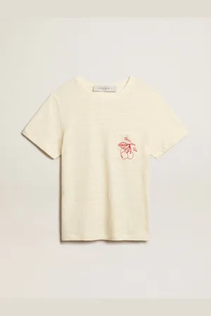 Golden Goose T-shirt Da Donna In Cotone Color Bianco Vissuto E Con Tasca Ricamata