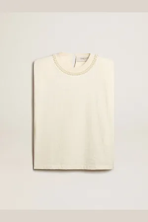 Golden Goose T-shirt Smanicata Color Bianco Vissuto Con Ricamo In Perle