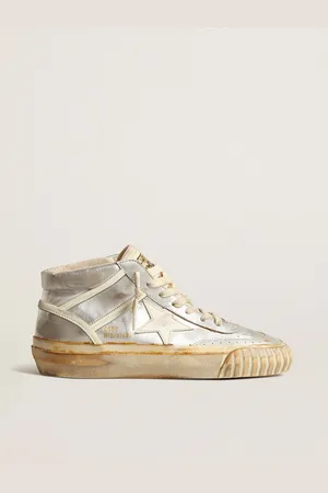 Golden Goose Mid Star Uomo In Pelle Laminata Argento Con Stella Color Avorio
