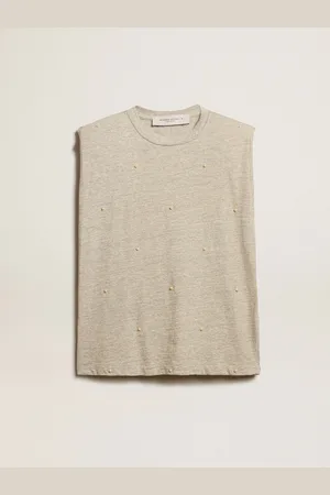 Golden Goose T-shirt Senza Maniche Di Colore Bianco Vissuto Con Spalla Imbottita E Perle