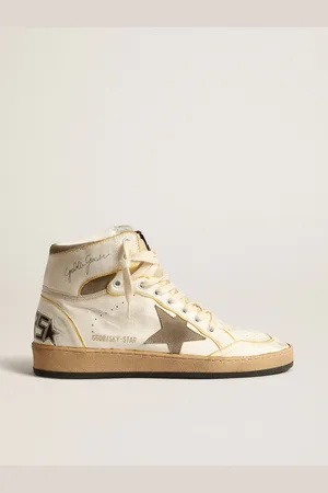 Golden Goose Sky-star Donna In Nappa Bianca Con Stella In Suede Color Tortora