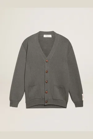 Golden Goose Cardigan Da Uomo In Cotone Grigio Mélange Con Logo Sul Retro