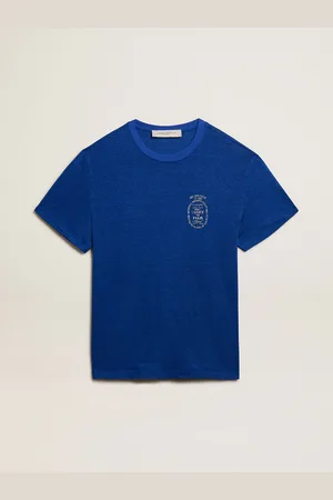 Golden Goose T-shirt Da Uomo In Lino Di Colore Blu E Con Stampa Sul Cuore