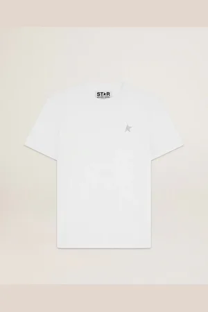 Golden Goose T-shirt Da Uomo Bianca Con Stella In Glitter Argento Sul Davanti