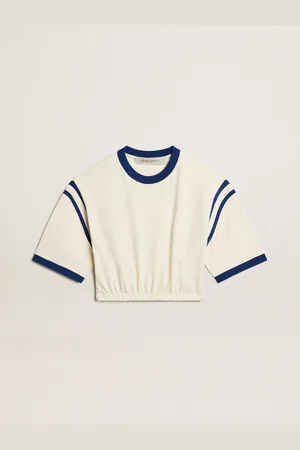 Golden Goose T-shirt Cropped In Cotone Color Bianco Vissuto Con Scritta Sul Retro