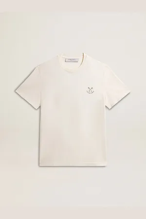 Golden Goose T-shirt Da Uomo In Cotone Color Bianco Vissuto E Stampa Sul Cuore