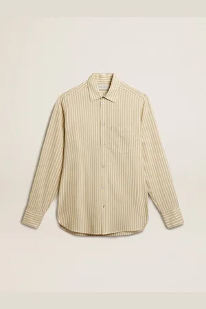 Golden Goose Camicia Da Uomo Color Ecrù In Cotone Con Motivo A Righe Sottili Nere