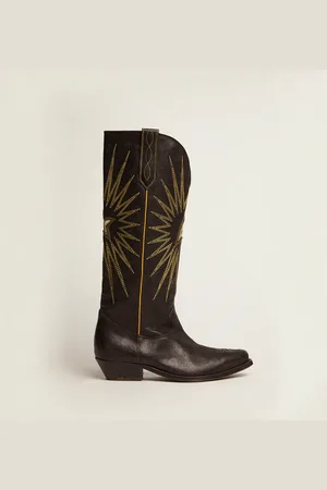 Golden Goose Stivali Wish Star In Pelle Nera Con Stella A Intarsio In Pelle Laminata Color Platino