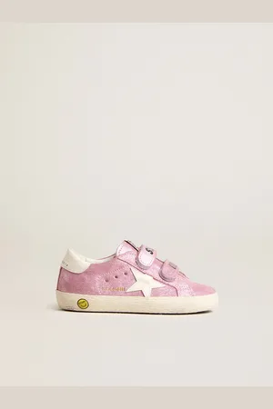 Golden Goose Old School Junior In Suede Laminata Rosa Con Stella E Talloncino In Pelle Bianca