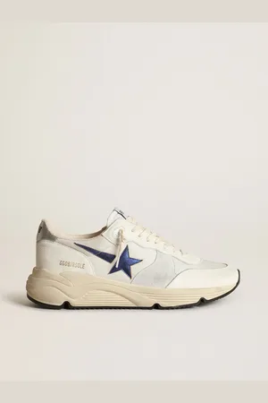 Golden Goose Running Sole In Pelle E Rete Bianche Con Stella In Pelle Laminata Blu