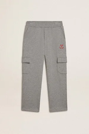 Golden Goose Pantalone Jogging Cargo In Cotone Grigio Melange Con Ricamo