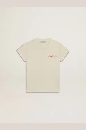 Golden Goose T-shirt Da Bambina In Cotone Bianco Vissuto Con Ricamo Rosso Sul Cuore