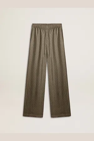 Golden Goose Pantalone Da Donna In Seta Misto Viscosa Color Verde Con Motivo Floreale