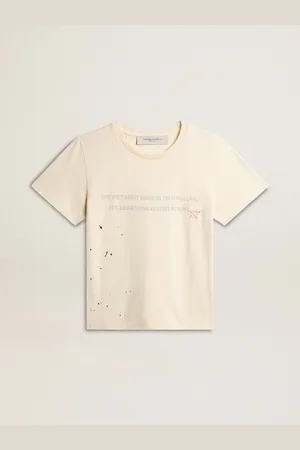 Golden Goose T-shirt Da Donna In Cotone Color Bianco Vissuto Con Stampa E Ricamo