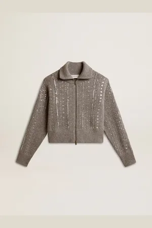 Golden Goose Maglione Cropped Da Donna In Lana Grigio Melange Con Paillettes