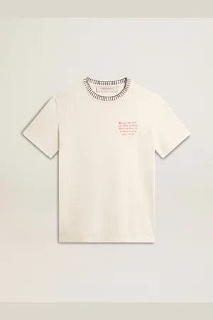 Golden Goose T-shirt Da Donna In Cotone Color Bianco Vissuto Con Ricami A Mano