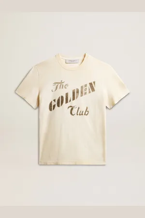 Golden Goose T-shirt Da Uomo In Cotone Color Bianco Vissuto Con Stampa Dorata