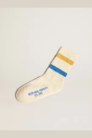 Golden Goose Calzino Kids Di Colore Bianco Vissuto Con Dettagli Distressed E Stripes Bicolor Bluette E Senape