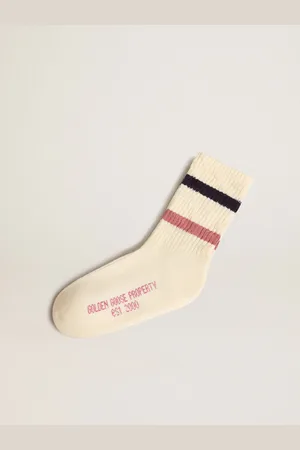 Golden Goose Calzino Kids Di Colore Bianco Vissuto Con Dettagli Distressed E Stripes Bicolor Lilla E Blu