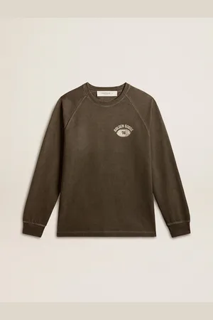 Golden Goose T-shirt A Maniche Lunghe Da Uomo In Cotone Grigio Antracite Con Logo Sul Retro
