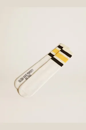 Golden Goose Calzini Bianco Vissuto Con Dettagli Distressed E Stripes Nere E Gialle