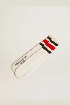 Golden Goose Calzini Bianco Vissuto Con Stripes Nere E Rosse