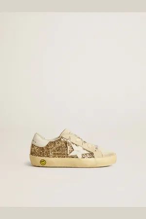 Golden Goose Super-star Junior In Glitter Oro Con Stella E Talloncino In Pelle Bianca