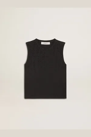 Golden Goose T-shirt Smanicata Da Donna Di Colore Nero Vissuto Con Ricami Frontali Degradé Ton Sur Ton