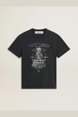 Golden Goose T-shirt Da Uomo In Cotone Di Colore Nero Vissuto Con Stampa Sul Davanti