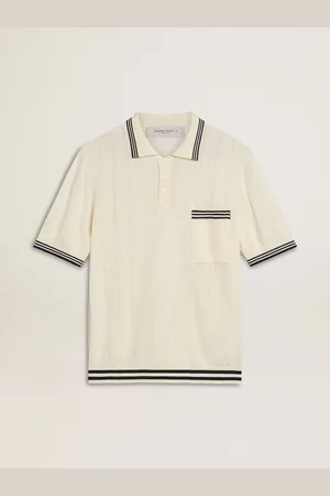 Golden Goose Polo Da Uomo Di Colore Bianco Vissuto Lavorata A Maglia Con Costine Blu