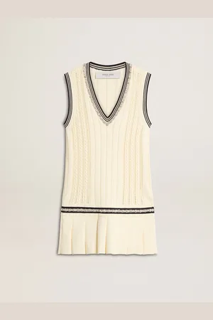 Golden Goose Vestito Gilet In Cotone Da Donna Di Colore Bianco Vissuto Con Costine Blu Scuro E Cristalli
