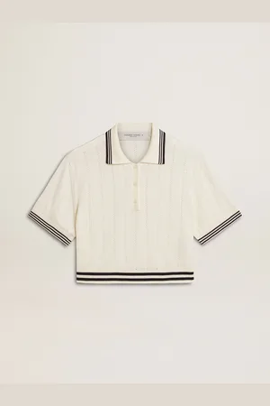 Golden Goose Polo Cropped Da Donna In Cotone Di Colore Bianco Vissuto Con Costine Blu
