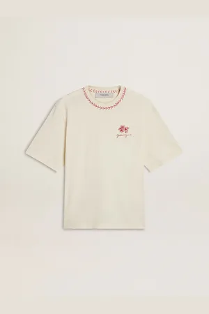 Golden Goose T-shirt Cny Color Bianco Vissuto Con Ricamo Rosso