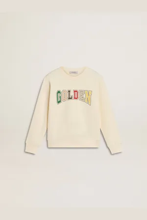 Golden Goose Felpa Di Colore Bianco Vissuto Con Scritta Golden Multicolor Sul Davanti