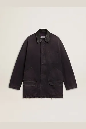 Golden Goose Giacca Da Uomo In Denim Con Dettagli Distressed E Collo In Pelle